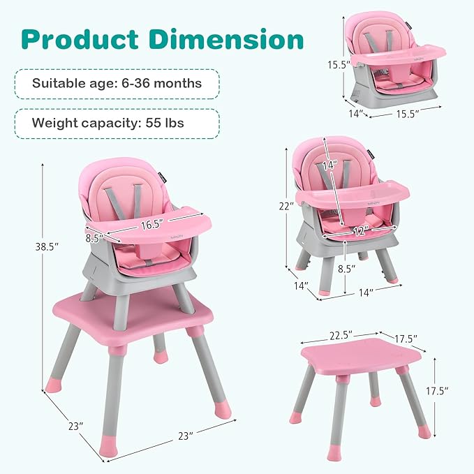 BABY JOY Baby High Chair, 8 in 1 Convertible Highchair for Babies & Toddlers | Booster Seat | Table and Chair Set | Building Block Table | Toddler Chair with Safety Harness, Removable Tray (Pink)