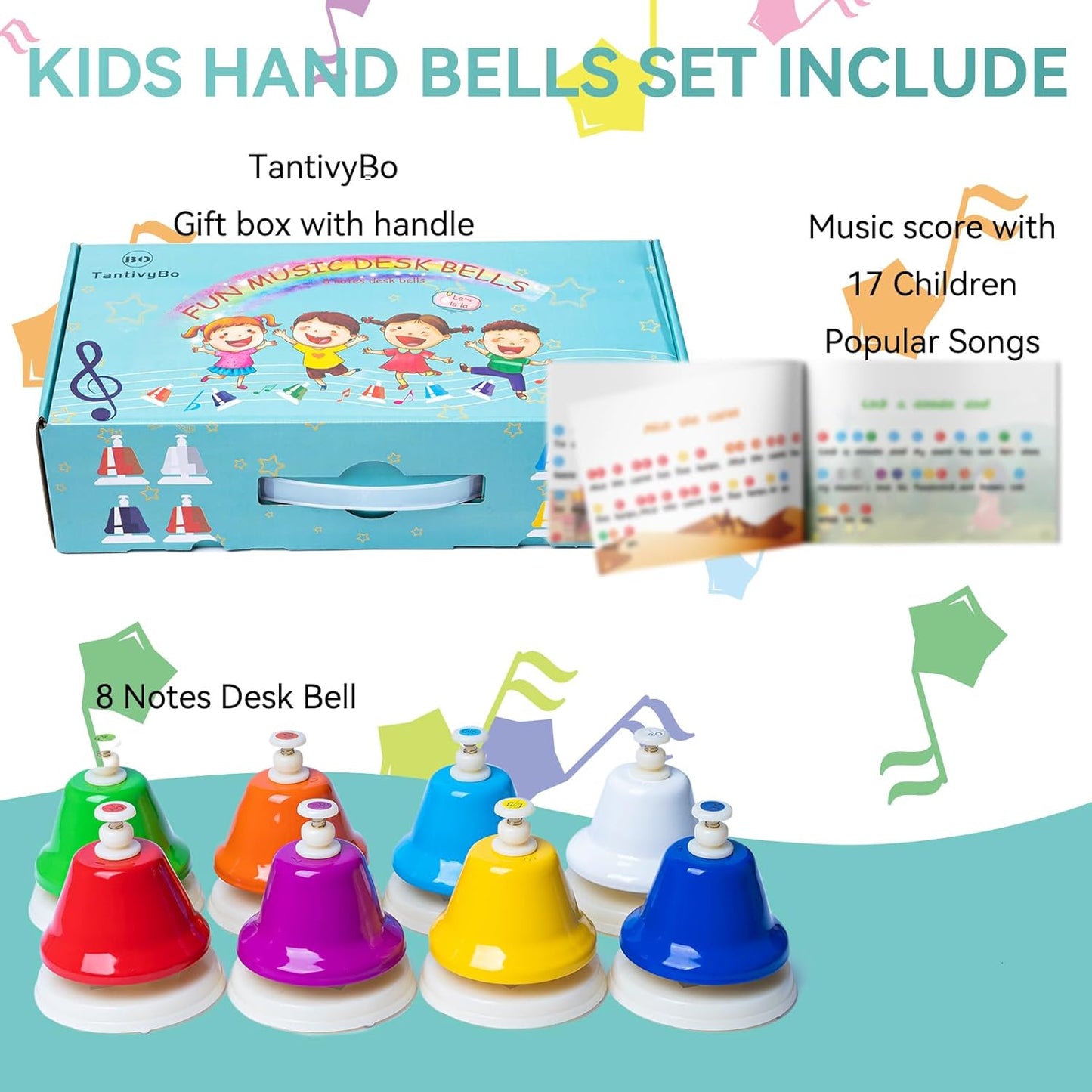 Desk Bells, Rainbow Diatonic Hand Bells for Kids with 17 Songbook, Toddler Preschool Musical Learning Toys, Boys & Girls Birthday Gift for 3-Year-Old and Over by TantivyBo