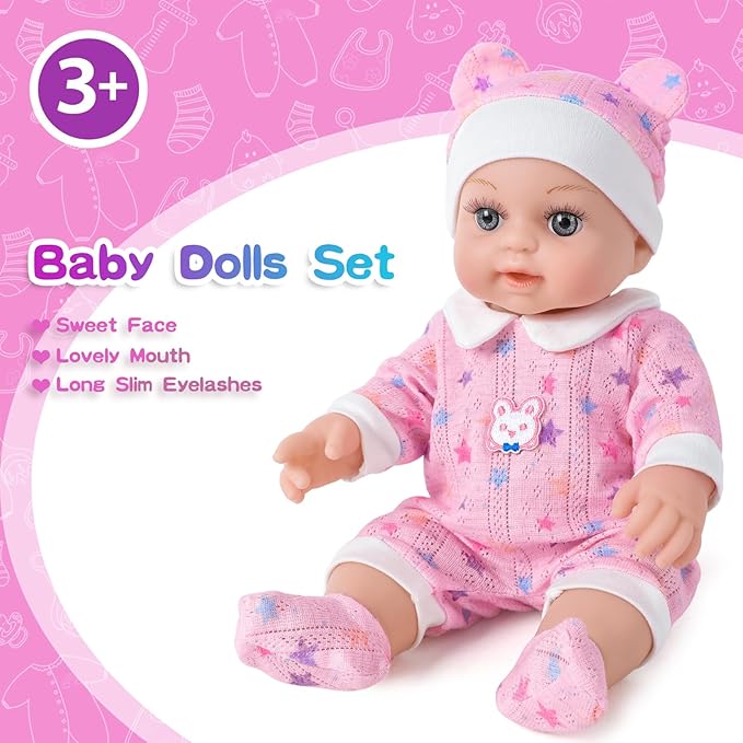 12" Baby Doll in Gift Box with Pink Backpack, Cloths, Feeding Bottle and Pacifier, First Baby Dolls for Toddlers 3 Years and Up