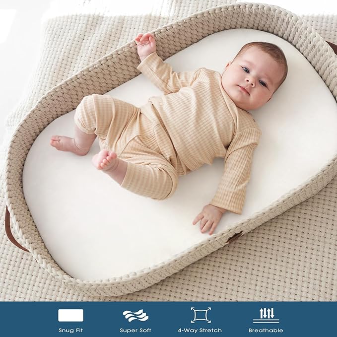 GRSSDER Stretchy Ultra Soft Fitted Bassinet Sheet 3 Pack, Universal Fit for Bassinets Baby Cradle Moses Basket Oval Rectangle Mattress Safe and Snug, Jersey Bassinet Sheets for Girls, White/Sage