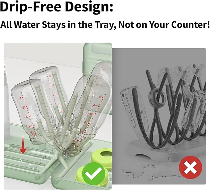 YOTIME Travel Bottle Brush Set, Auto-Open Rack & Vertical Brushs Drying Slots, 3 Brushes, Foldable Drying Rack, Dispenser, Travel Baby Essentials for On-The-Go Parents, Green