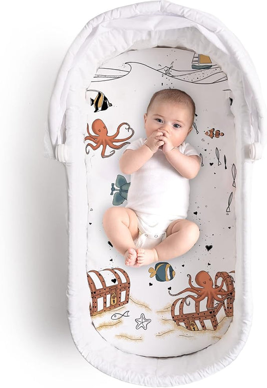 JumpOff Jo - Hypoallergenic Fitted Bassinet Sheet for Baby Boys & Girls - Rectangular, Hourglass & Oval Crib Compatible, Soft, Breathable, Machine Washable - Octopus Treasure
