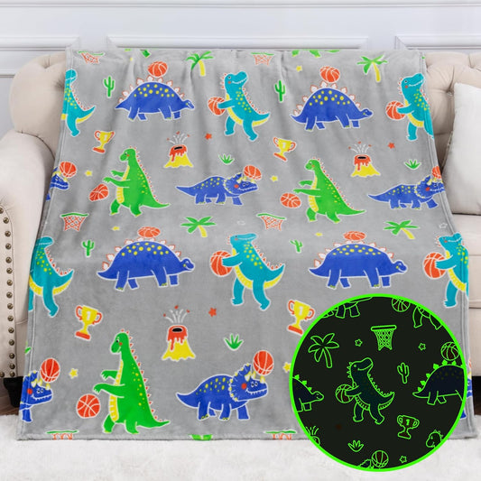 Dinosaur Toy Gifts Blankets Glow in The Dark for Boys Girls, Dino Basketball Hoop Bed Decor for Kids Teens, Fun Dinosaurs Toys Gift for Age 3 4 5 6 7 8 9 10 Year Old Kids Birthday Christmas