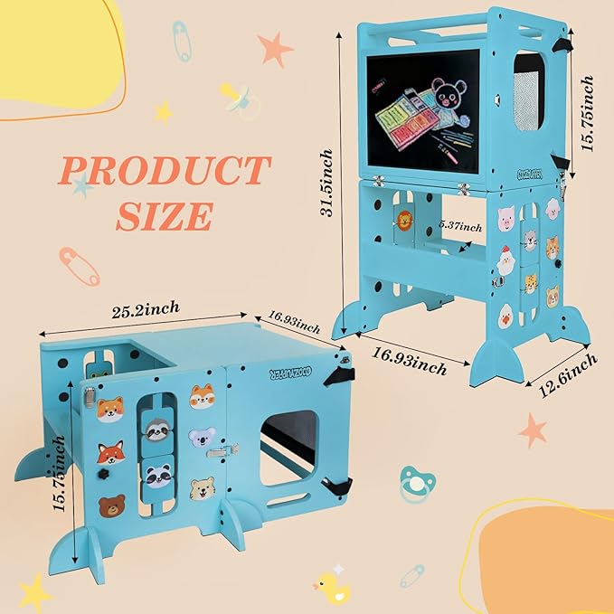 Toddler Kitchen Stool Helper, CPC Certified Foldable Toddler Tower, Learning Wooden Tower with Support Feet and Chalkboard, Anti-Drop Structure, Safe Design for Kids, Blue