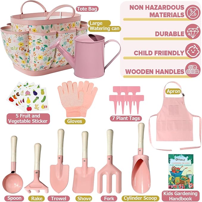 Kids Gardening Set 14Pcs Gardening Tools for Kids with Tote Bag,Watering Can, Shovel, Apron, Garden Book and More Educational STEM Learning Outdoor for Toddlers Boys Girls (Pink)