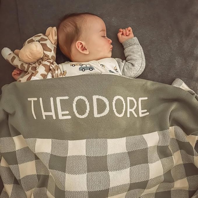 Personalized Gingham Name Blanket – 100% Cotton Baby Blanket, Gingham Band Design, Customized with Name, Boys and Girls, Bassinet and Crib, Gift for Baby, Newborn, Toddler or Kids (Crib)