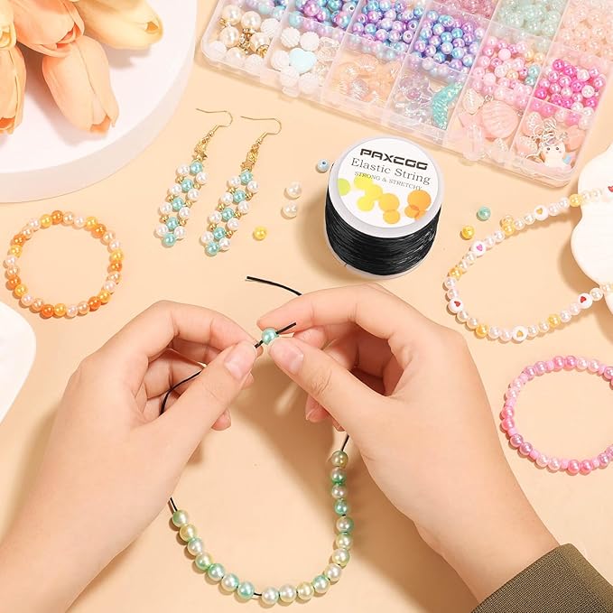 PAXCOO 1.4 MM Elastic String for Bracelets, Stretch Magic Elastic String Bead Cord Jewelry Thread for Friendship Bracelet, Necklaces, Clay Beads, Pony Beads (Black)