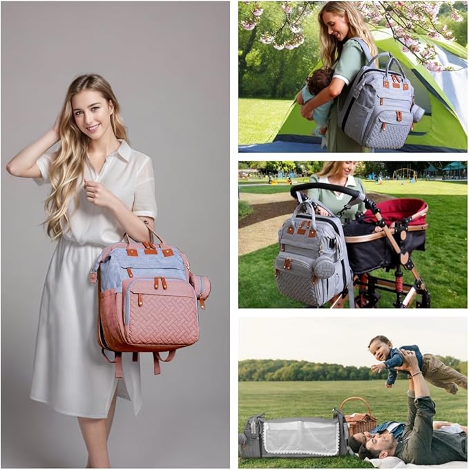Diaper Bag Backpack, Multifunction Travel Baby Bag, Waterproof Tote Backpack with USB Port, Pacifier Case and Stroller Straps, Newborn Essentials for Moms Dads, Girls, Gray Pink