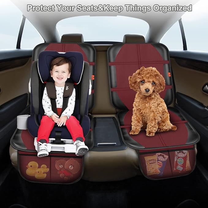 Car Seat Protector,2 Pack Automotive Seat Protectors Baby Carseat Pad Waterproof Durable 600D Fabric for Child Baby Car Seat Mat Vehicle Pet Cover 2 Storage Pockets (Wine Red)