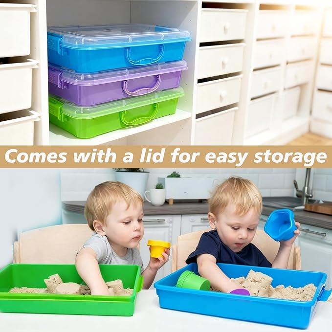 4 Qt (3.8L) Sensory Bin With Lid - 3 Pack, Stackable Storage Sensory Bins with Lids, Portable Sandbox, Organizers Sand, Arts, Crafts, (Blue, Green, Purple)
