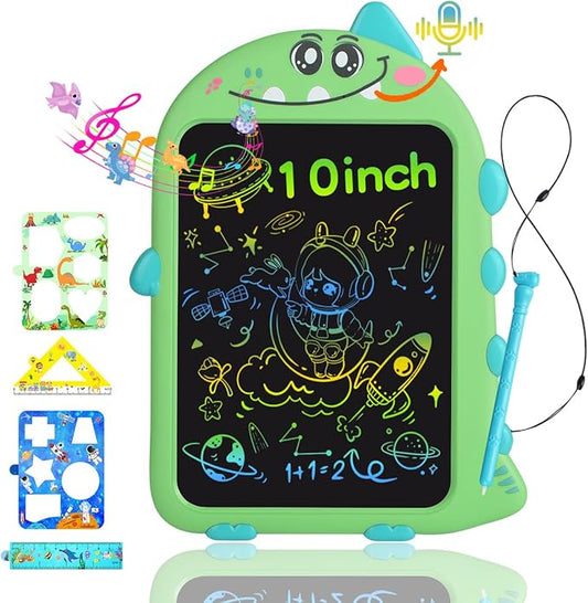 10 Inch LCD Writing Tablet for Kids, Type-C Rechargeable Doodle Board with Dino Sounds, Educational Toy for Toddlers 2-6, Birthday Gifts for 2 Year Old Boy, Toddler Toys for Airplane Travel