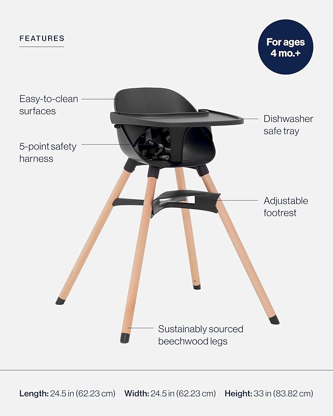 Lalo The 3-in-1 High Chair Kit - Convertible Wooden High Chair for Babies & Toddlers with Infant Support, Cushion, Booster Conversion Kit & Play Legs, Adjustable Footrest - Licorice