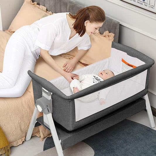 INFANS Baby Bassinet Bedside Crib, Newborn Sleeper w/Large Storage Basket, Adjustable Heights, Detachable &Washable Mattress, Breathable Mesh, Straps, Easy Moving Bed Side (Misty Grey)