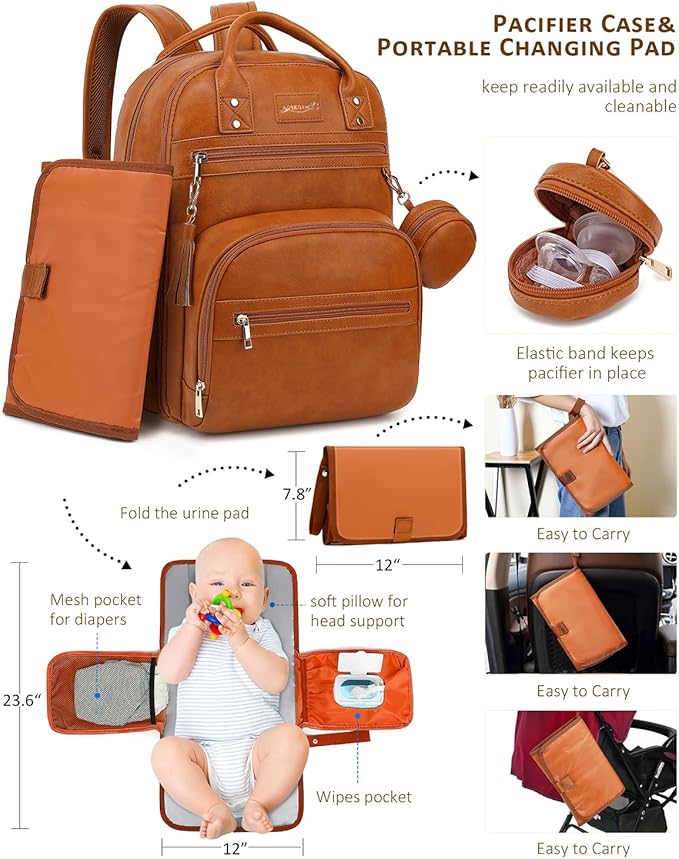 Premium Vegan Leather Diaper Bag Backpack with Waterproof Changing Pad, Reinforced Zippers & Odor-Free, 20 Pockets Pro Organizer, Fits 15.6" Laptop, Stroller Straps, Baby Bag for Mom, Brown