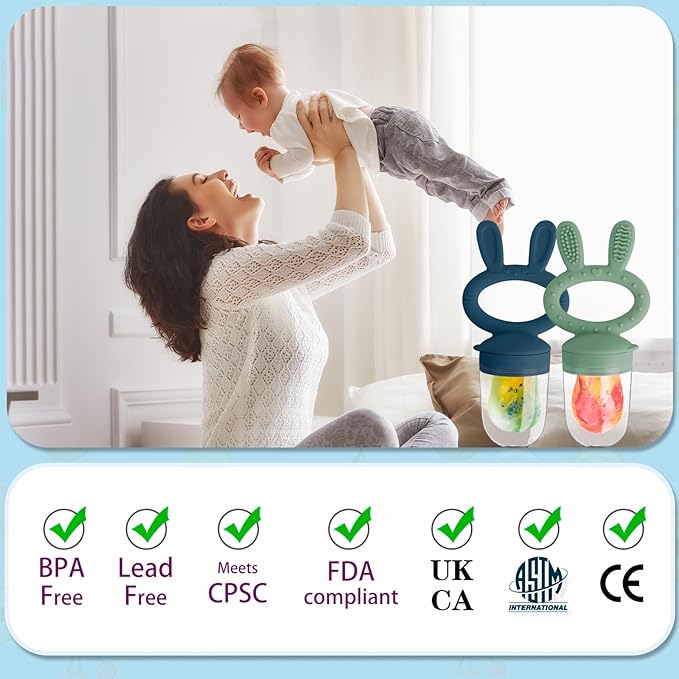 Baby Solids/Frozen Fruit Feeder Pacifier, Infant Teether Toy 4M+, BPA-Free Silicone Pouch & Nipple, Safely Introduce Solids, Teething Relief, 2-Pack - Blue/Green (Rabbit)