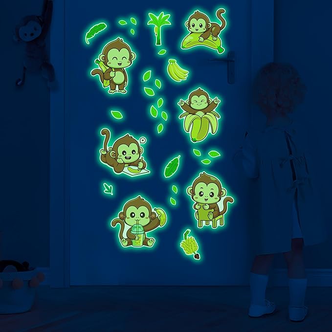 Glow in The Dark Cute Monkeys and Bananas Wall Decals, Animal Stickers for Baby Girls Boys Room, Luminous Ceiling Decor for Bedroom Playroom Nursery