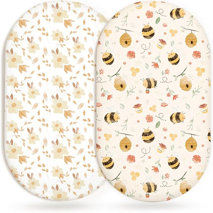 Bassinet Sheets for Baby Girls Boys 2 Pack, Fitted Baby Mattress Sheet for Rectangle, Oval, Hourglass Bassinet Mattress, Breathable Cozy & Universal Fit (Honeybee Dreams)