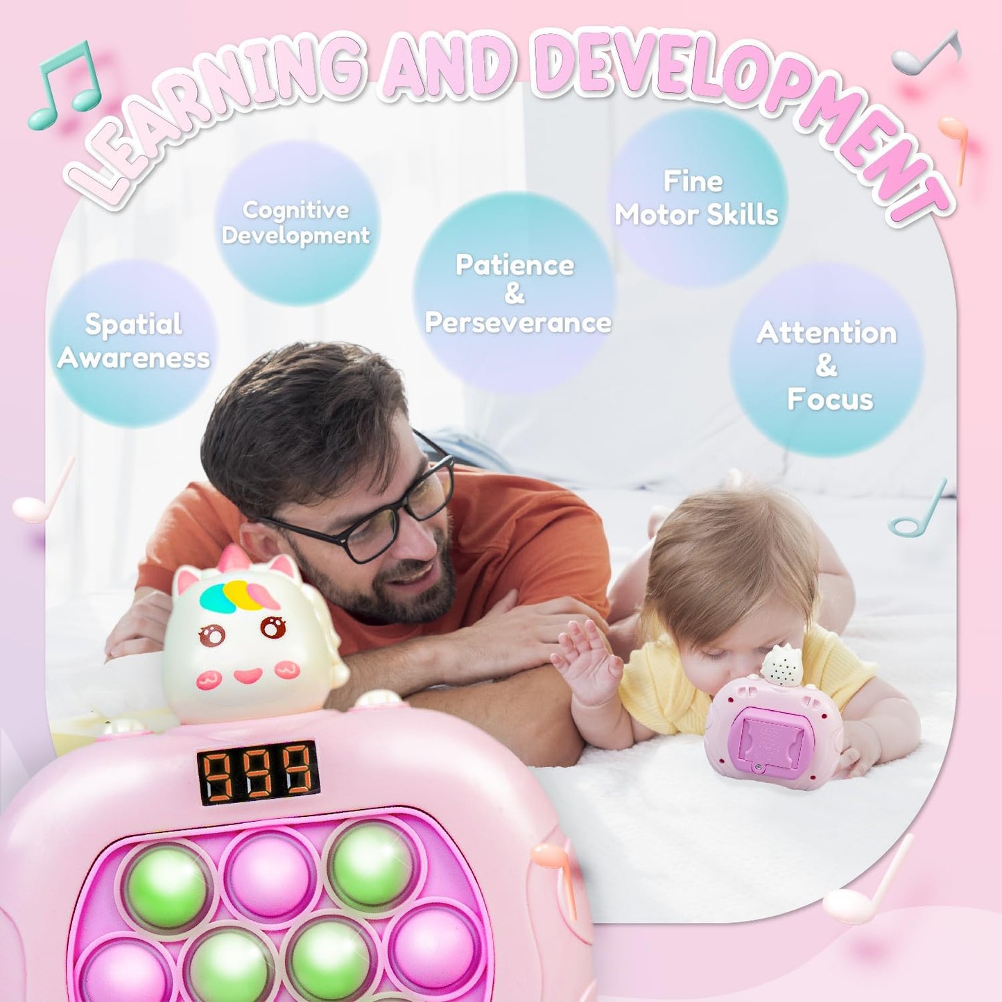 Marlo & Buzz Fast Push Game Toy with Popit Game Controller, Pop Fidget Animal with LED Screen - Sensory and Memory Console, Quick Bubble Light Toy, Pocket Games (Unicorn)