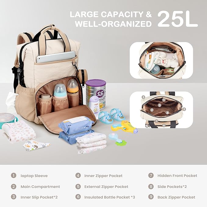 VONAL Diaper Bag Backpack, Lightweight Baby Diaper Bags, Travel Large Diaper Bag with Changing Station, Khiki Diaper Backpack for Boys Girls Newborn with Insulated Pockets, Stroller Straps