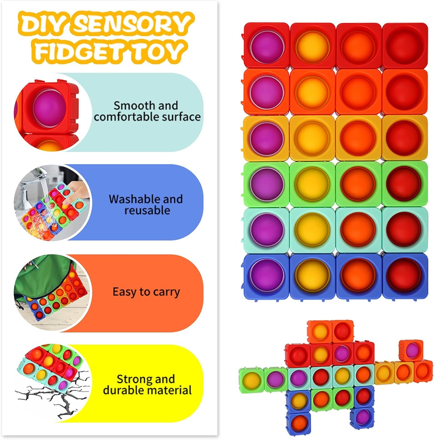 Pop Fidget Toys Bubble Sensory Toy Girl Boy 24Pcs Colorful Silicone Fidget Building Block Toy Set Autism Special Needs Stress Relief Kids Educational Dimple Fidget Packs Puzzle Toy Toddler Gift