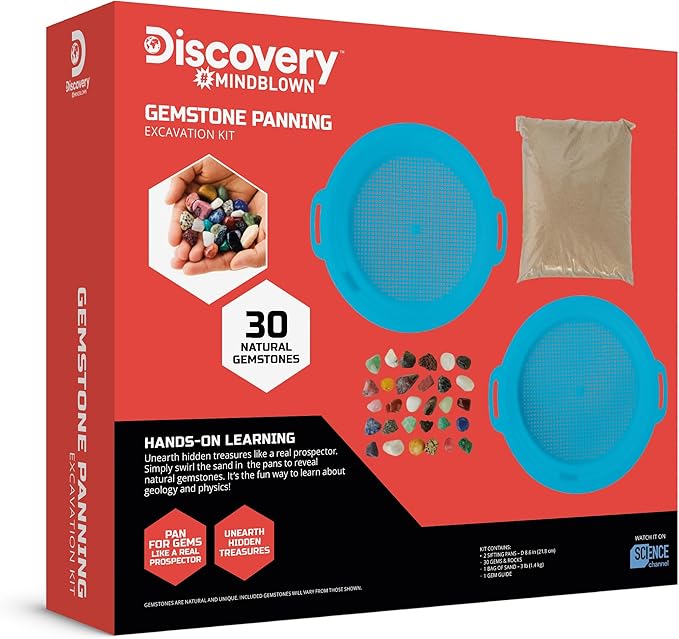 Discovery™ Gemstone Panning STEM Kit – Pan for 30 Real Gems| 2 Sifting Pans, Sand & Learning Guide| Educational Science Activity for Kids| Geology Rock Excavation Set| Boys & Girls Toy Gift| Ages 8+