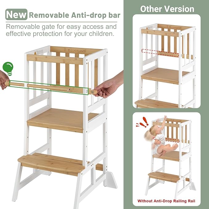 COSYLAND Toddler Standing Tower - Adjustable Height Toddler Kitchen Stool Helper - Kids Kitchen Step Stool for Learning with Removable Safety Railing White & Natural