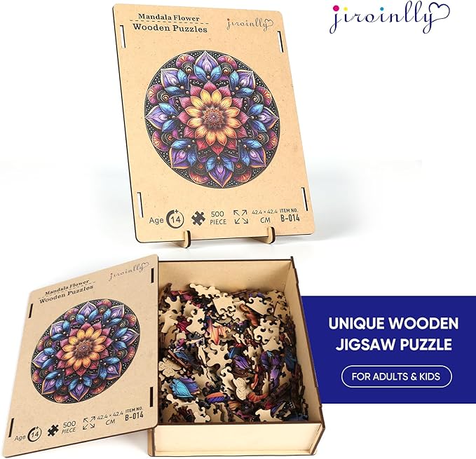 Jiroinlly Mandela Wooden Jigsaw Puzzles - Flower Puzzles for Adults 500 Pcs, 16.7'' x 16.7''Unique Shaped Wood Puzzle, Beautiful Package for Halloween, Best Gift for Adults and Kids, Family Game