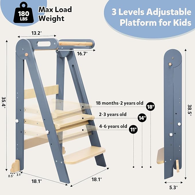 Foldable Toddler Kitchen Wood Step Stool with Hook, Pre-Assembled Wooden Folding Montessori Learning Helper for Kids, Folding Standing Tower with 3 Adjustable Height Step for Counter Sink-Gray