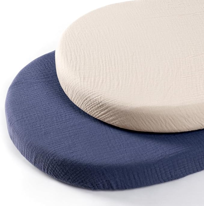 lulumoon Baby Muslin Bassinet Sheets: Cotton Bassinet Sheets Neutral for Boys and Girls - Fitted for Oval Rectangle or Hourglass (Navy & Cream, Standard Bassinet)