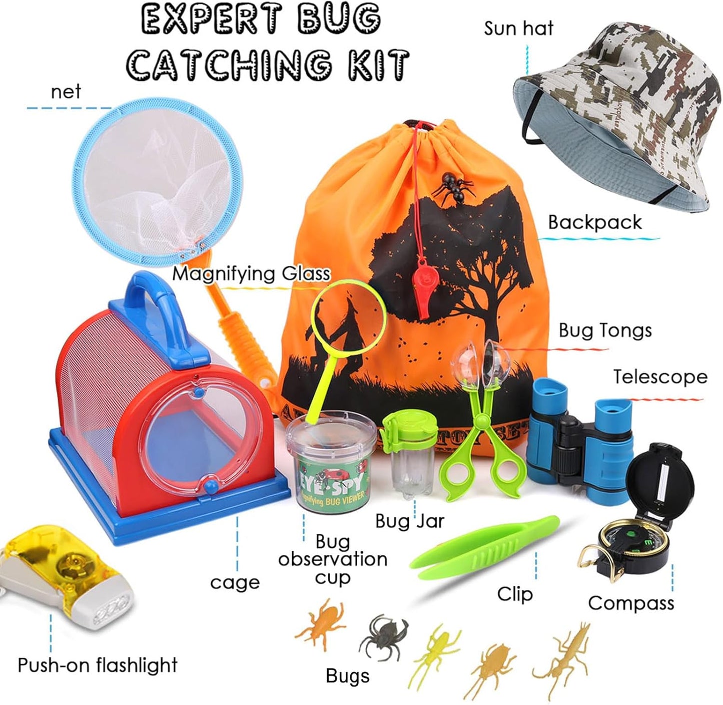 ESSENSON Outdoor Explorer Kit & Bug Catcher Kit with Binoculars, Compass, Magnifying Glass, Critter Case and Butterfly Net Great Toys Kids Gift for Boys & Girls Age 3-12 Year Old Camping Hiking