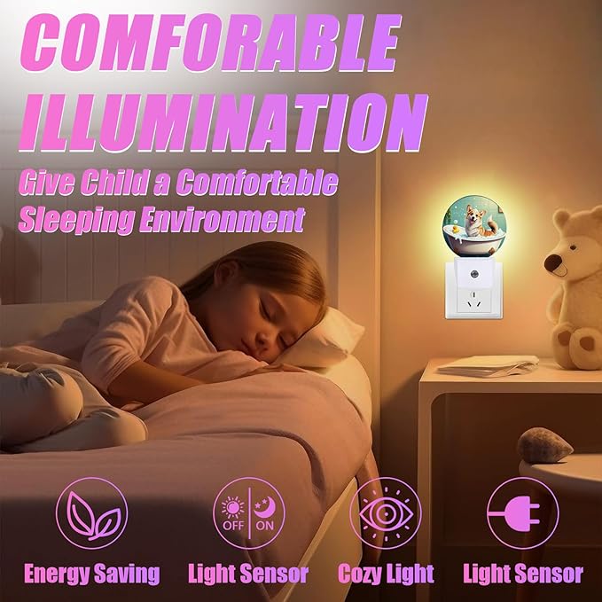 Funny Corgi Bathing Night Light Puppy Lover Night Lights LED Lamp Round Plug into Wall Nightlight with Dusk to Dawn Sensor Home Hallway Stairway Kitchen Decor