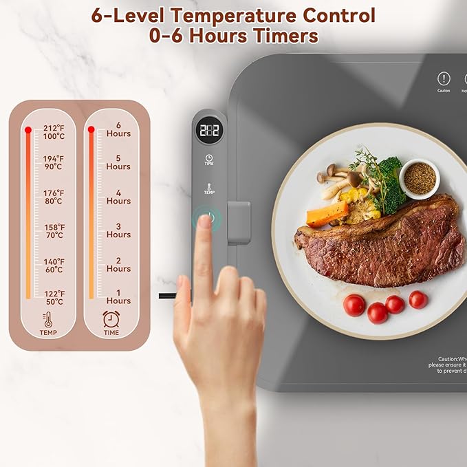 Upgrade Graphene Food Warming Mat for Countertop- Full Surface Heating, Waterproof Electric Warming Tray with 6 Temp Modes & 6H Timer for Parties, Gifts for Mom (Gray)