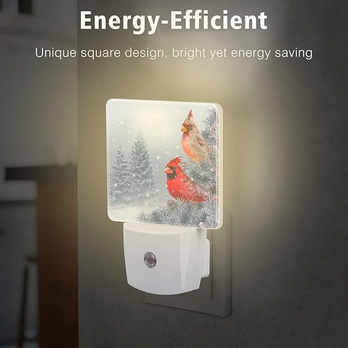 Red Birds Night Light Winter Cardinal Birds Plug in Night Lights LED Lamp with Dusk to Dawn Sensor Auto Energy Saving Square Lights for Bedroom Bathroom Hallway Home Wall Decor Nightlight
