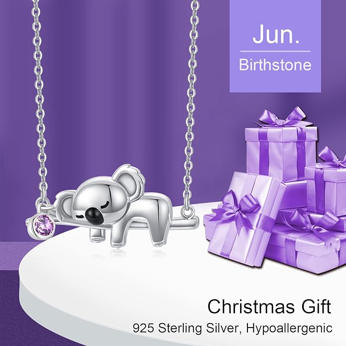 JUSTKIDSTOY Koala Necklace Sterling Silver Cute Animal Koala Bear Birthstone Necklace Jewelry Christmas Birthday Gifts for Women Girls