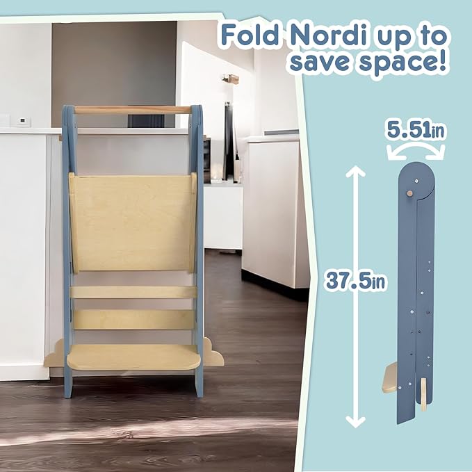 Nordi Foldable Toddler Kitchen Tower, Montessori Kitchen Stools Helper, Standing Tower with 3 Adjustable Heights, Suitable Age for 2-6 Years, Grey