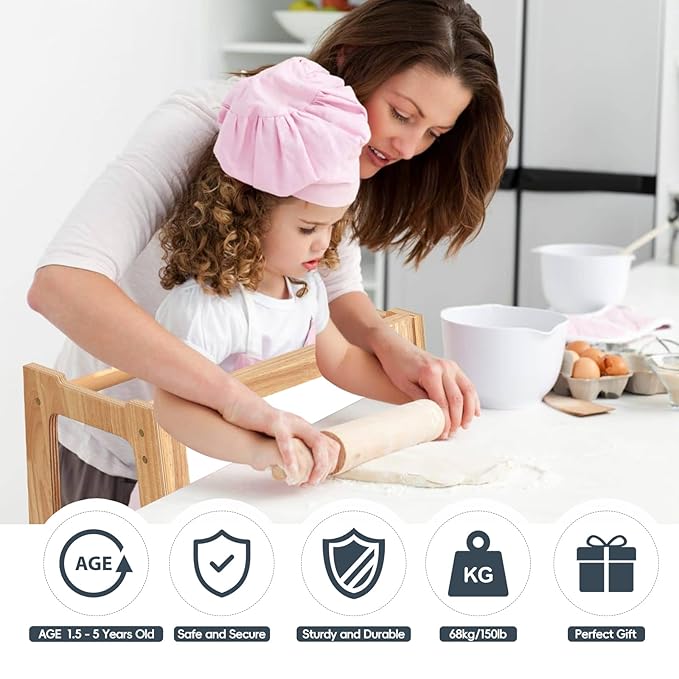 4 in 1 Kids Toddler Kitchen Stool Helper with Double-Sided Whiteboard, Wooden Toddler Learning Standing Tower, Non-Skid Feet Children Step Stool for Kitchen Counter, Bathroom Sink, Adult Use