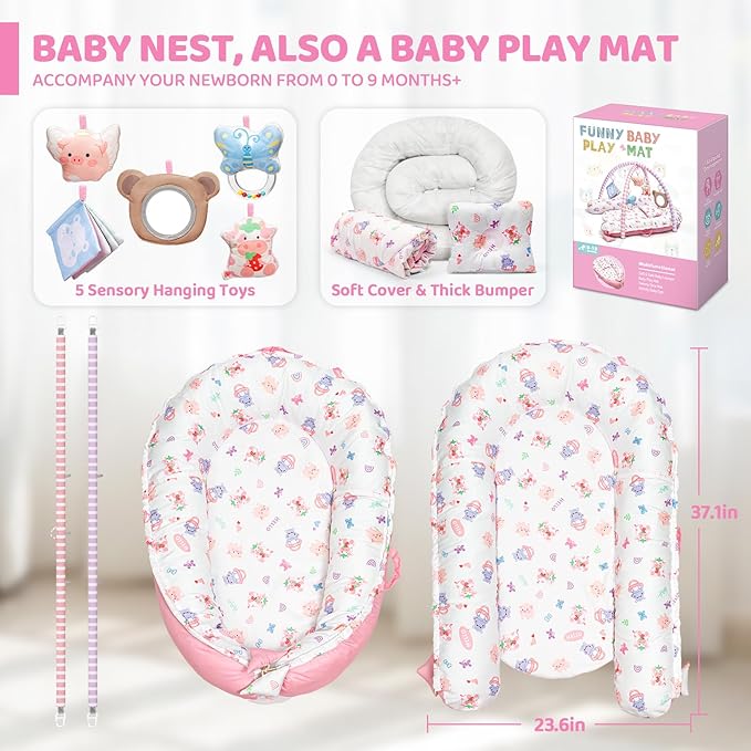 Pink Baby Play Mat, 7-in-1 Tummy Time Activity Gym Mat for Sensory and Motor Development, Washable Baby Lounger, Portable Newborn Nest for Home & Travel, Babies Gift for Infant 0-3-6-9-12-18 Months