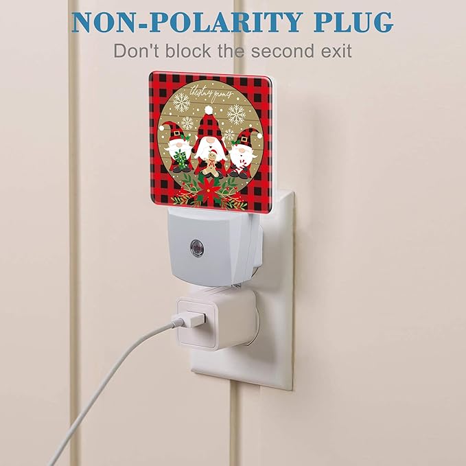 Christmas Gnome Red Black Plaid Night Light for Kids, LED Night Light Plug into Wall with Dusk to Dawn Sensor for Girls Boys Women Men Room Decor, Hallway, Kitchen, Bathroom, Nursery, Stairs