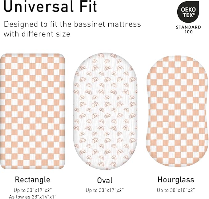 Muslin Bassinet Fitted Sheets, 2 Pack for Baby Boy and Girl, Soft Breathable Baby Pad/Mattress Sheet, Fit for Hourglass Oval and Rectangle Bassinet Mattress (Lattice Rainbow)