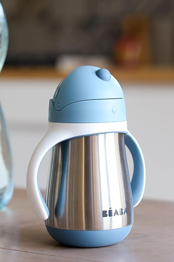Beaba Stainless Steel Straw Sippy Cup, Insulated Toddler Cups Spill Proof with Removable Handles, Made with High Grade Stainless Steel, 8+ months, 8.5 oz (Rain)