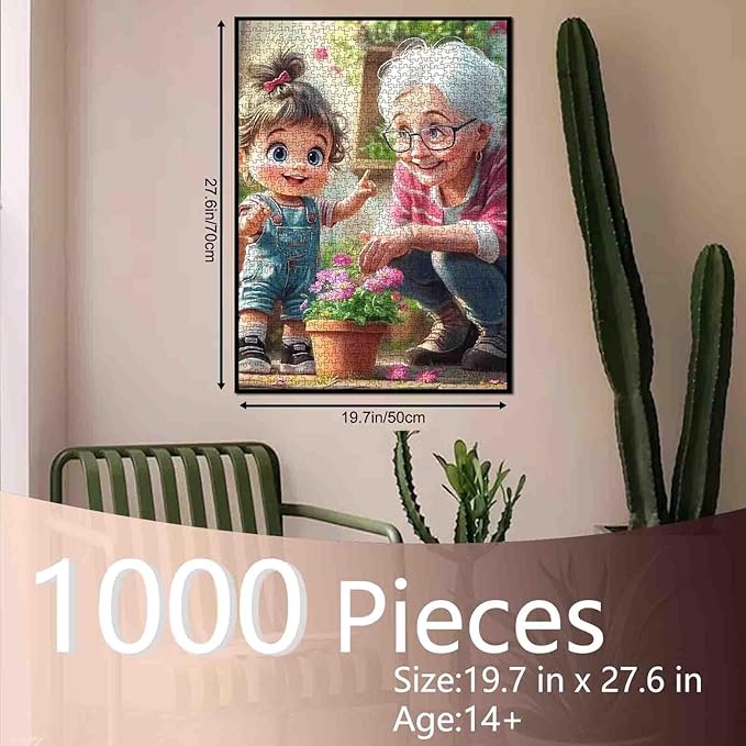 1000 Piece Jigsaw Puzzle for Adults Students Cartoon Style Cute Girl Gardening with Grandma Playing Jigsaws Flowers Colorful Art Home Wall Decor Fun Family Game Gift 20X27 Inches Large Puzzles