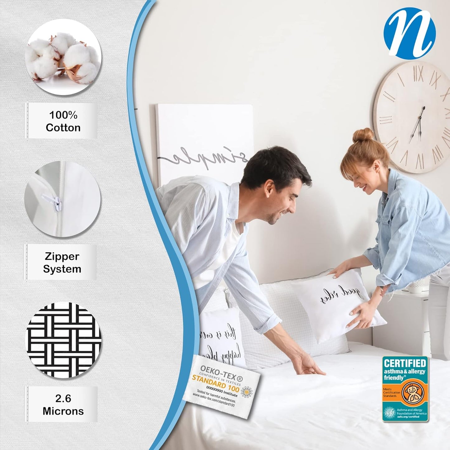 National Allergy Superior 100% Cotton King Mattress Protector Zippered - 78" x 80" x 12" - Hypoallergenic Bed Encasement - Breathable Dust Proof Cover - AAFA & Oeko-TEX Standard 100 Certified