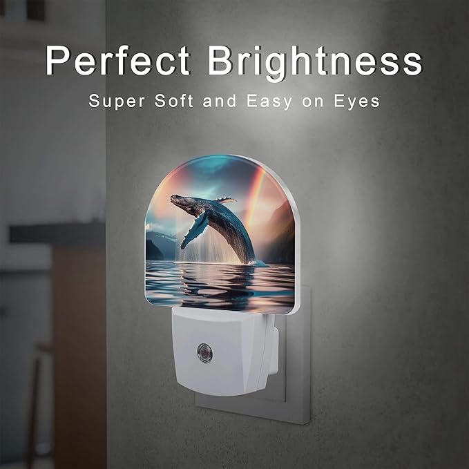 Jumping Whale Night Light for Kids, Ocean Marine Life Rainbow Night Light Plug in with Dusk to Dawn Sensor, 0.5w Energy Saving Sleep Friendly Nightlight for Hallway Stairway Kitchen Bedroom