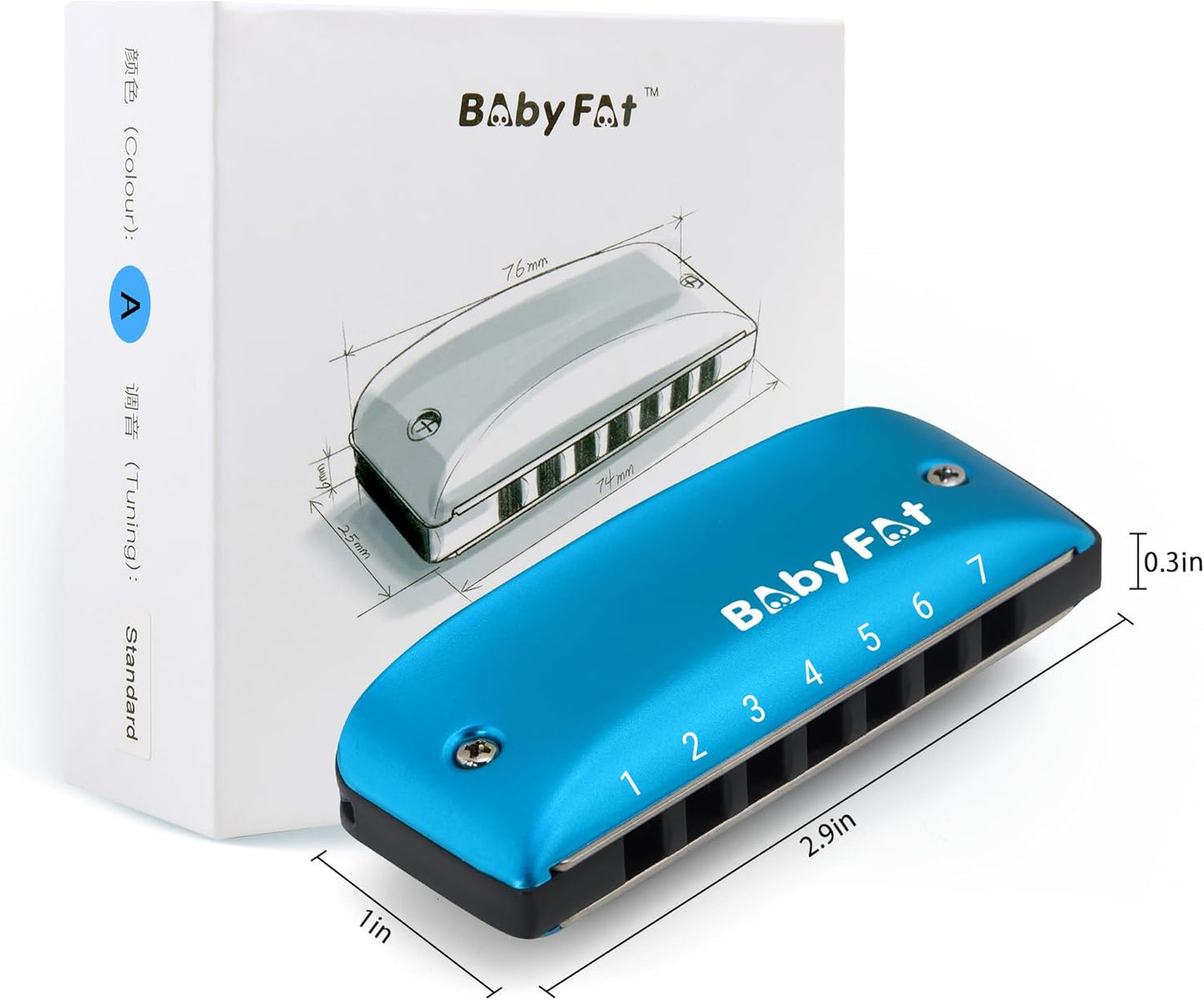 BabyFat 7 Hole Blues Mini Harmonica Set,Diatonic Harmonica with free lanyards,Gifts for Kids and Beginners,Easy-playing Musical Instrument(A Key）