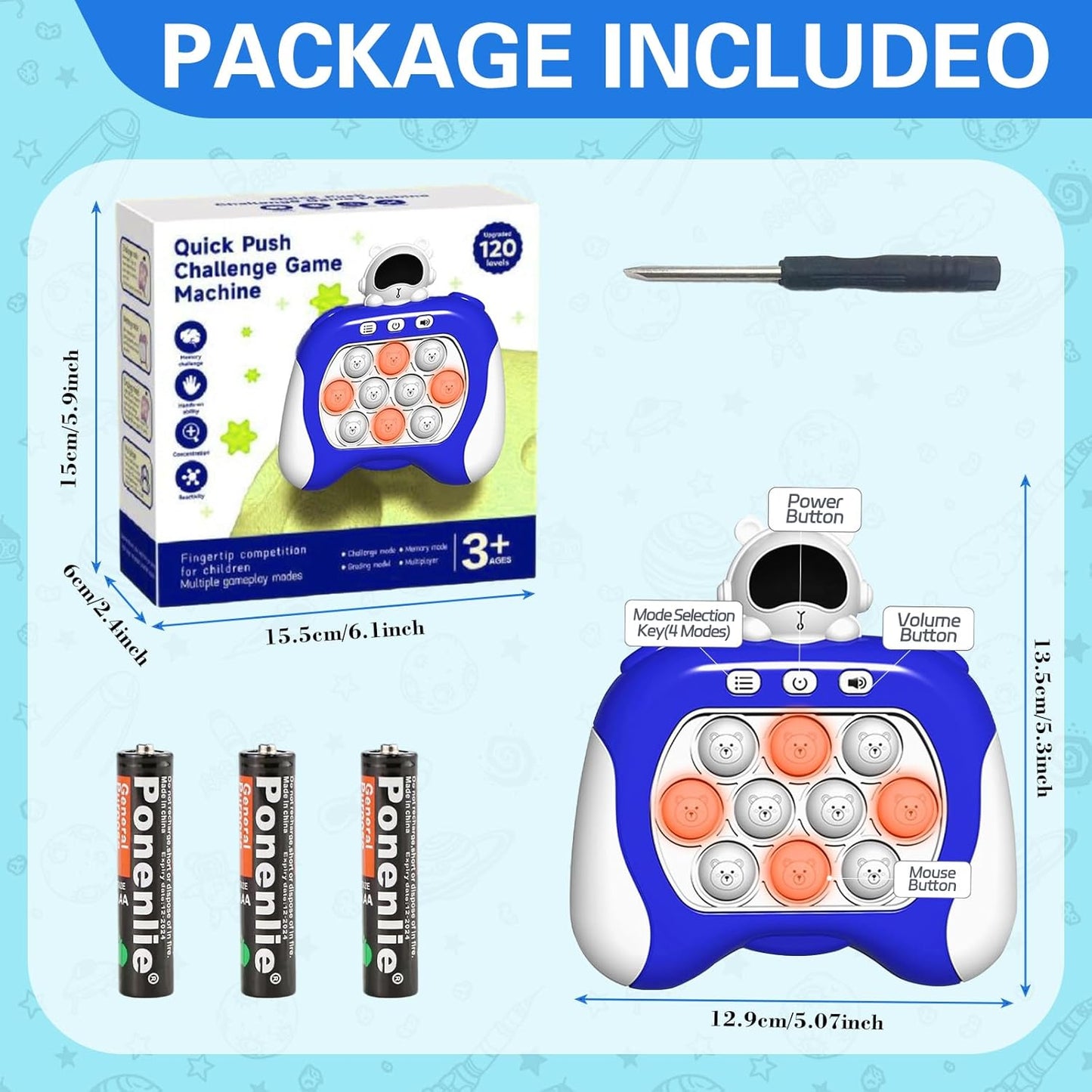 Fast Push Game,Sensory Toys Pop Game Machine,Handheld Fidget Console for Kids Adults, Birthday Gifts for Boys Girls-Blue Astronaut