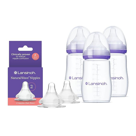 Lansinoh NaturalWave Fast Flow Nipples (2 ct) + 8 oz Anti-Colic Baby Bottles (3 ct) With Medium Flow Nipples, BPA/BPS-Free, Soft Silicone for Comfortable Feeding