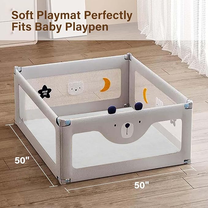 Baby Play Mat for Floor,1.3" Thick Soft Foam Playpen Mat with Removable Washable Cover,Waterproof & Anti-Slip 50" x 50" Nursery Rug for Tummy Time,Kids Crawling Mat for Toddlers Infant,Grey