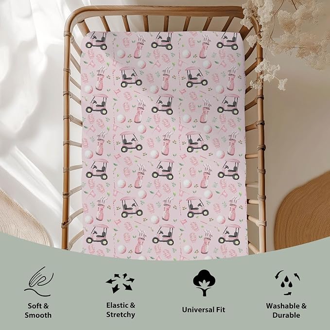 Golf Baby Crib Sheets for Boy Girl 28"x52" Sports Golfing Soft Stretchy Fitted Crib Mattress Cover Golf Lovers Gift Nursery Baby Sheet for Standard Crib and Toddler Bed Mattress Pink