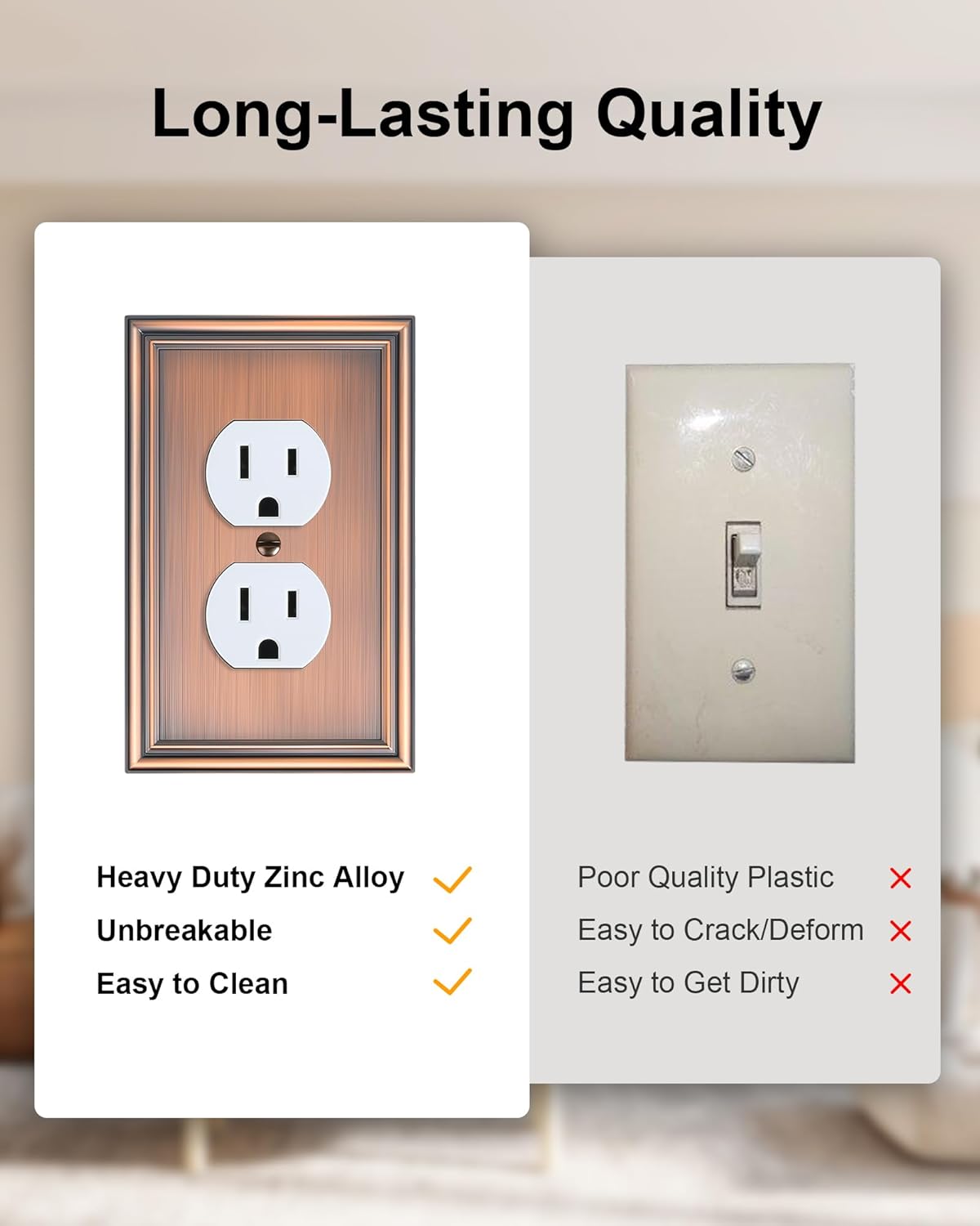 6-Pack Single Duplex Outlet Cover Plate, Decorative Antique Copper Switch Plates and Outlet Covers, Metal Wall Plates for Electrical Outlets, 1 Gang Receptacle Cover, Corrosion Resistant