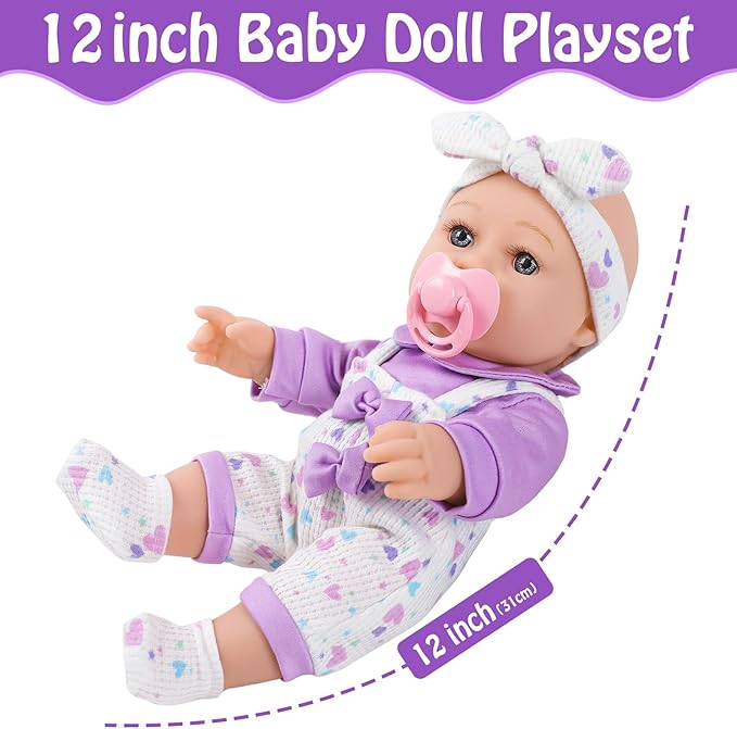 12" Baby Doll with Flower Pattern Backpack Carrier,12 Inch Realistic Baby Dolls with Clothes and Accessories Hanky Pacifier Bottle Diaper Toy Pretend Play Collection for 3+ Child Girls Gifts